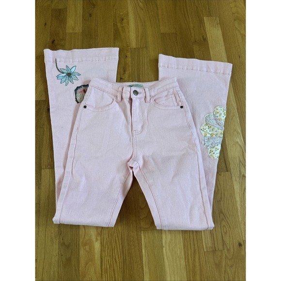 Fillyboo Peaches & Pearls Flared Jeans Candy Pink XS 22x31 Fairy‎ Coquette Boho - Picture 1 of 6